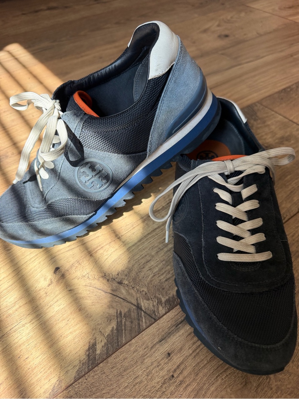 Tory Burch Sawtooth Suede & Nylon Colorblock Retro Jogger Sneakers Gray Navy 9.5